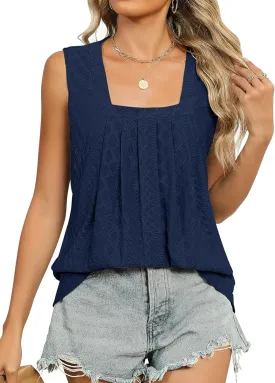 KTILG Summer Sleeveless Square Neck Tops Flowy Pleated Tunic Tank Tops for Women Loose Fit S-3XL