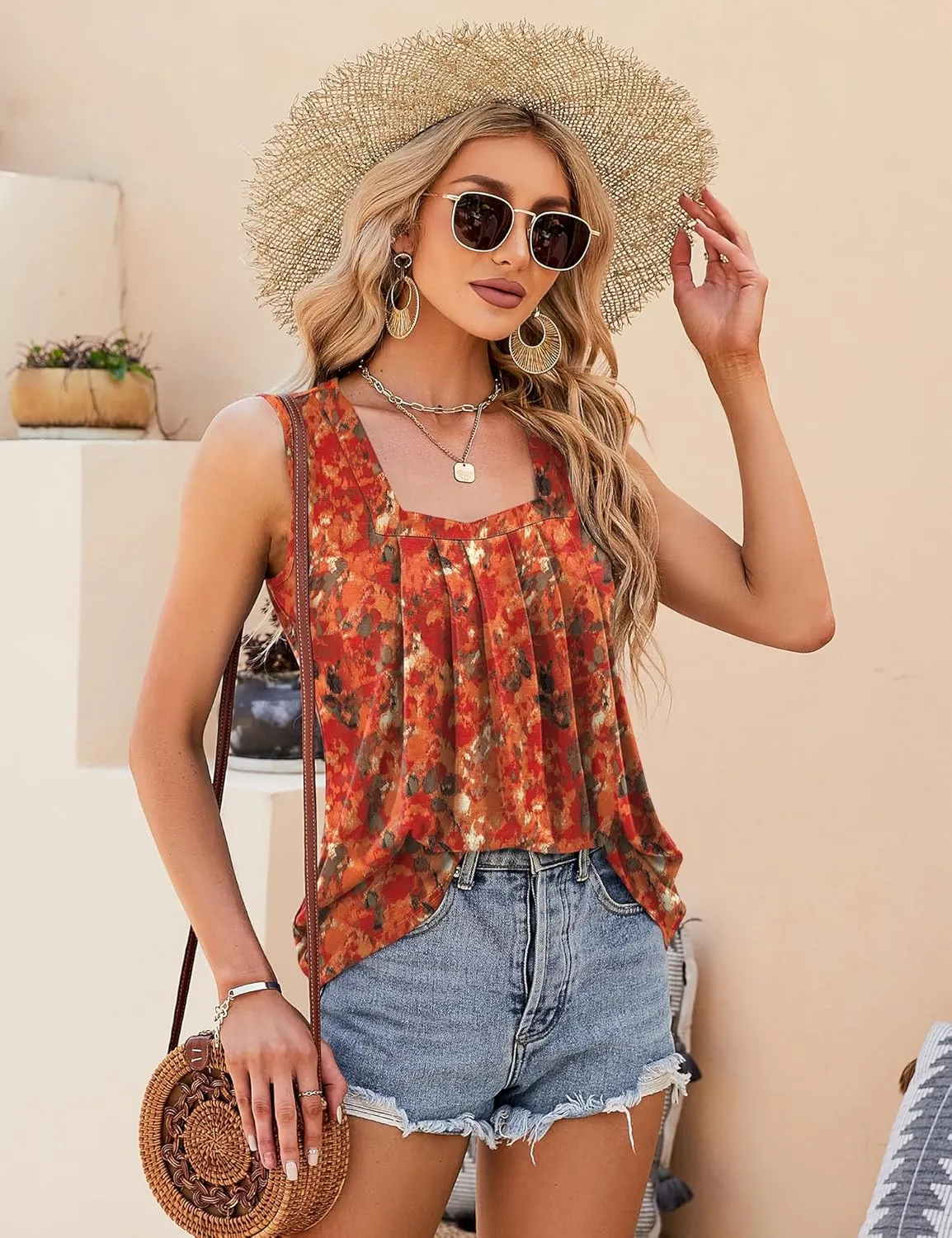 KTILG Summer Sleeveless Square Neck Tops Flowy Pleated Tunic Tank Tops for Women Loose Fit S-3XL