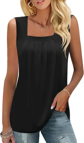 KTILG Summer Sleeveless Square Neck Tops Flowy Pleated Tunic Tank Tops for Women Loose Fit S-3XL