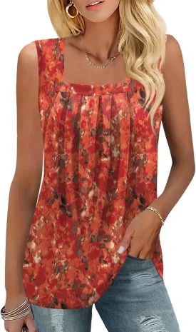 KTILG Summer Sleeveless Square Neck Tops Flowy Pleated Tunic Tank Tops for Women Loose Fit S-3XL
