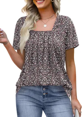 KTILG Womens Square Neck Short Sleeve Tunic Tops Loose Pleated Front T Shirts Casual Summer 2025 S-3XL