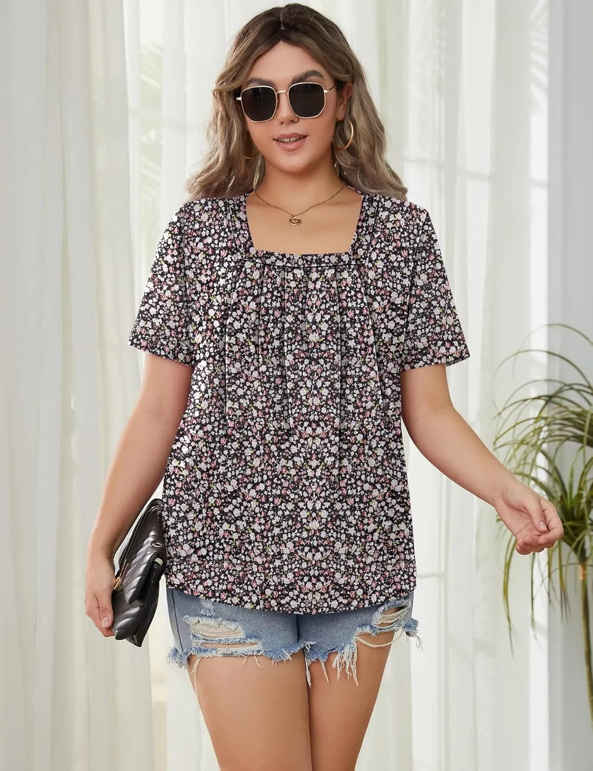 KTILG Womens Square Neck Short Sleeve Tunic Tops Loose Pleated Front T Shirts Casual Summer 2025 S-3XL