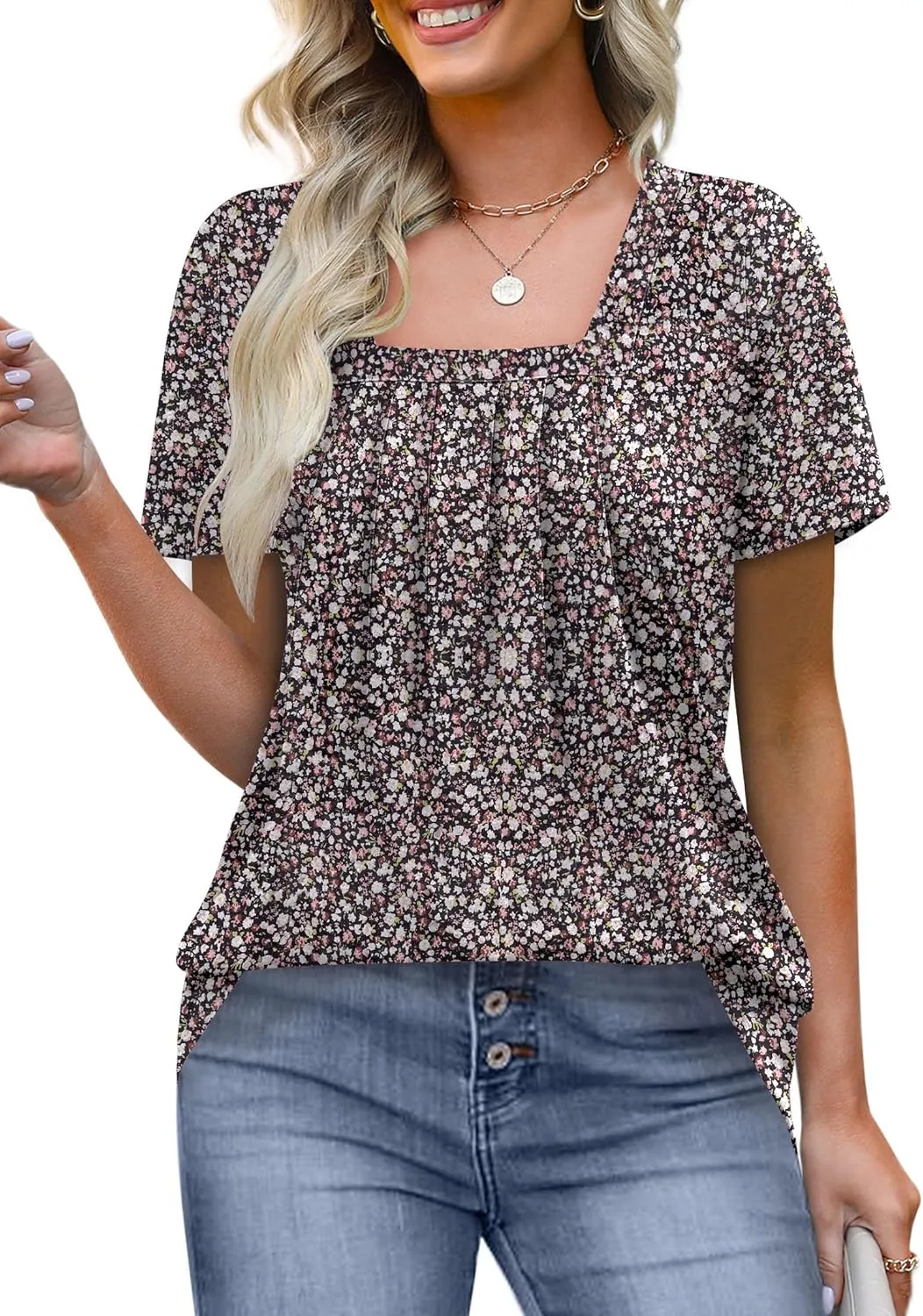 KTILG Womens Square Neck Short Sleeve Tunic Tops Loose Pleated Front T Shirts Casual Summer 2025 S-3XL