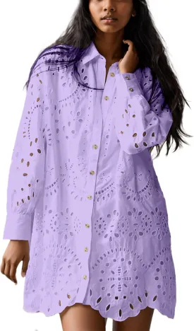 Livtany Womens Button Down Shirt Dress Solid Eyelet Embroidery Cover Up Dress Casual Oversized Long Sleeve Blouse Tops