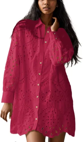 Livtany Womens Button Down Shirt Dress Solid Eyelet Embroidery Cover Up Dress Casual Oversized Long Sleeve Blouse Tops