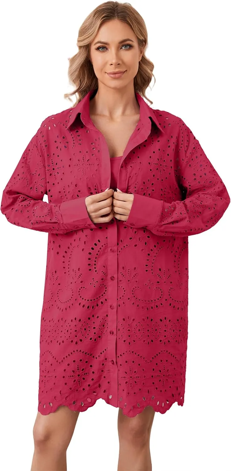 Livtany Womens Button Down Shirt Dress Solid Eyelet Embroidery Cover Up Dress Casual Oversized Long Sleeve Blouse Tops