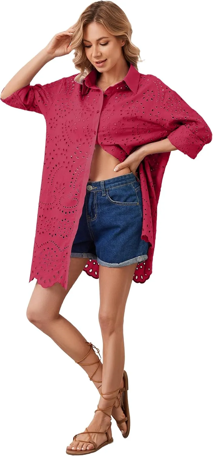Livtany Womens Button Down Shirt Dress Solid Eyelet Embroidery Cover Up Dress Casual Oversized Long Sleeve Blouse Tops