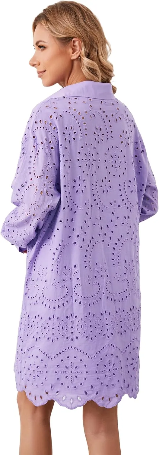 Livtany Womens Button Down Shirt Dress Solid Eyelet Embroidery Cover Up Dress Casual Oversized Long Sleeve Blouse Tops