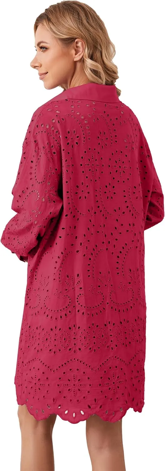Livtany Womens Button Down Shirt Dress Solid Eyelet Embroidery Cover Up Dress Casual Oversized Long Sleeve Blouse Tops