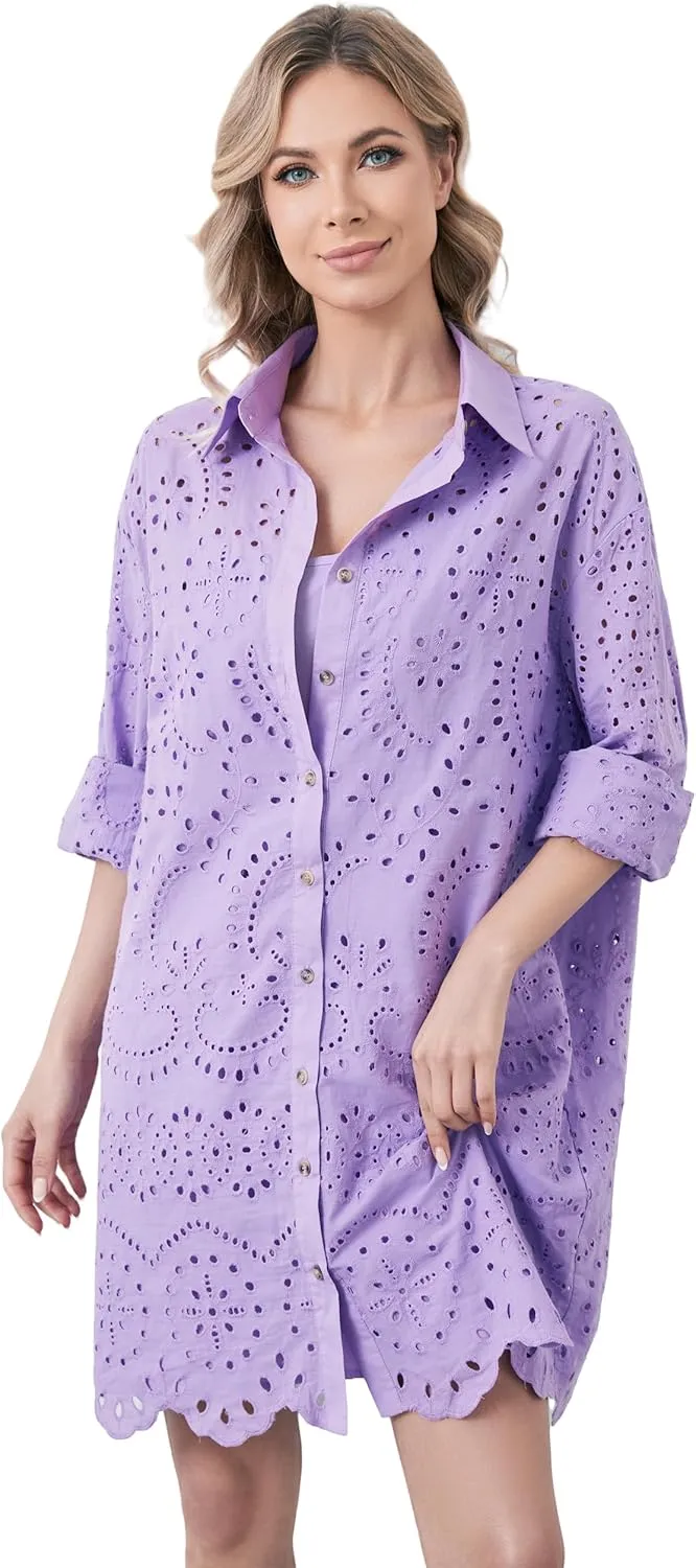 Livtany Womens Button Down Shirt Dress Solid Eyelet Embroidery Cover Up Dress Casual Oversized Long Sleeve Blouse Tops