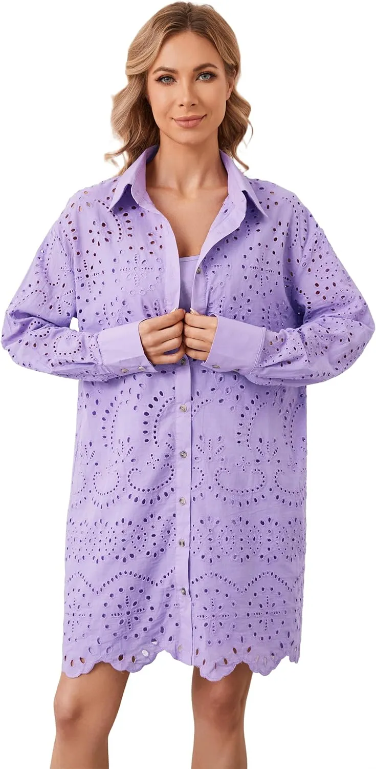 Livtany Womens Button Down Shirt Dress Solid Eyelet Embroidery Cover Up Dress Casual Oversized Long Sleeve Blouse Tops