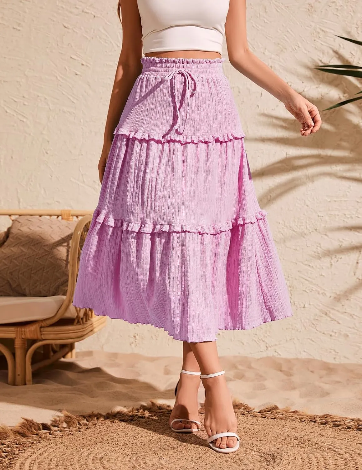 Meetjen Women's Summer Flowy Boho Midi Tiered Ruffle Skirt Elastic High Waist Casual A Line Beach Trendy Long Skirts