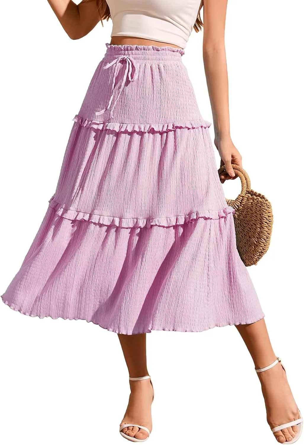 Meetjen Women's Summer Flowy Boho Midi Tiered Ruffle Skirt Elastic High Waist Casual A Line Beach Trendy Long Skirts