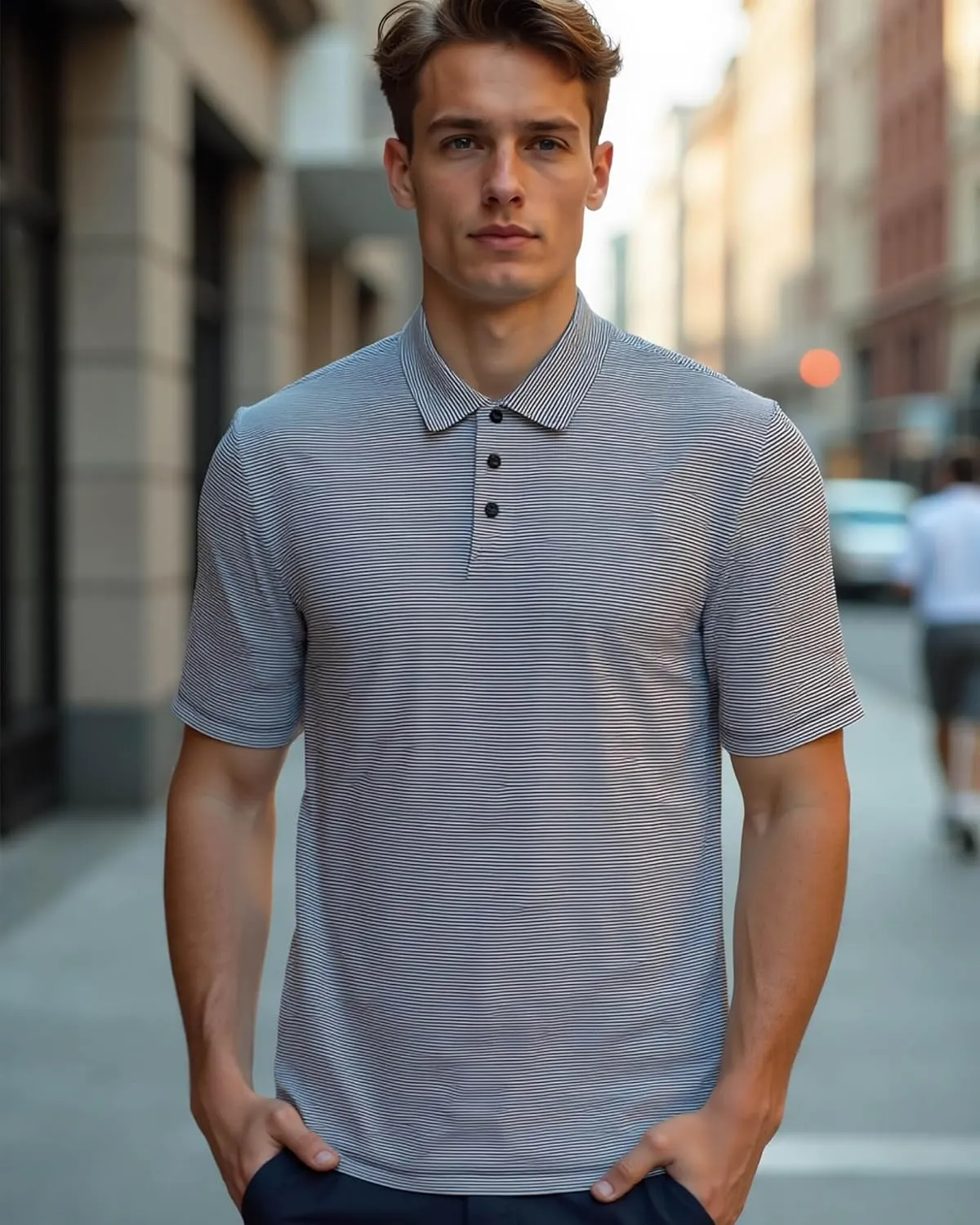Men's Polo Shirts Short Sleeve Performance Dry Fit Moisture Wicking Pin Striped Golf Shirts for Men