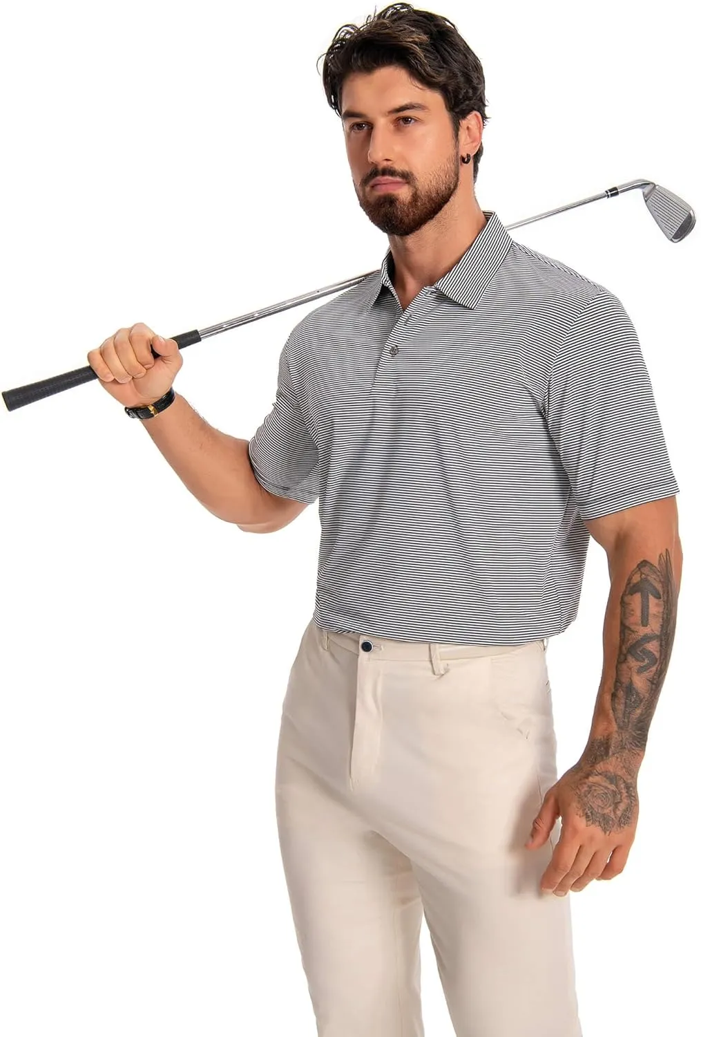 Men's Polo Shirts Short Sleeve Performance Dry Fit Moisture Wicking Pin Striped Golf Shirts for Men