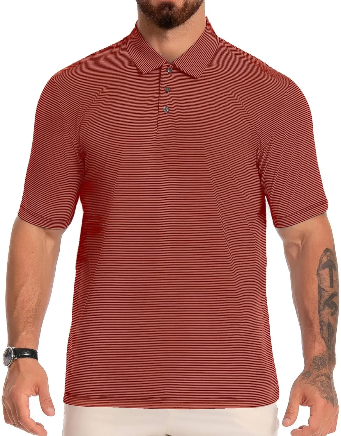 Men's Polo Shirts Short Sleeve Performance Dry Fit Moisture Wicking Pin Striped Golf Shirts for Men
