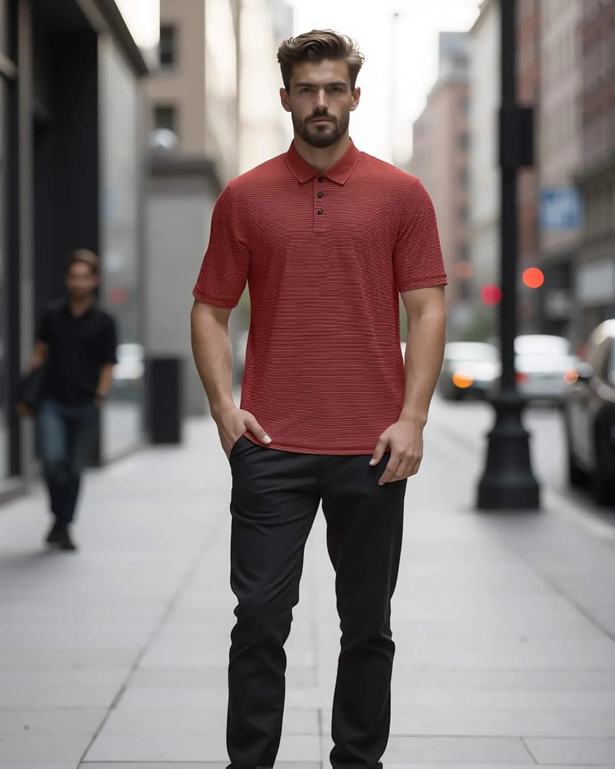 Men's Polo Shirts Short Sleeve Performance Dry Fit Moisture Wicking Pin Striped Golf Shirts for Men