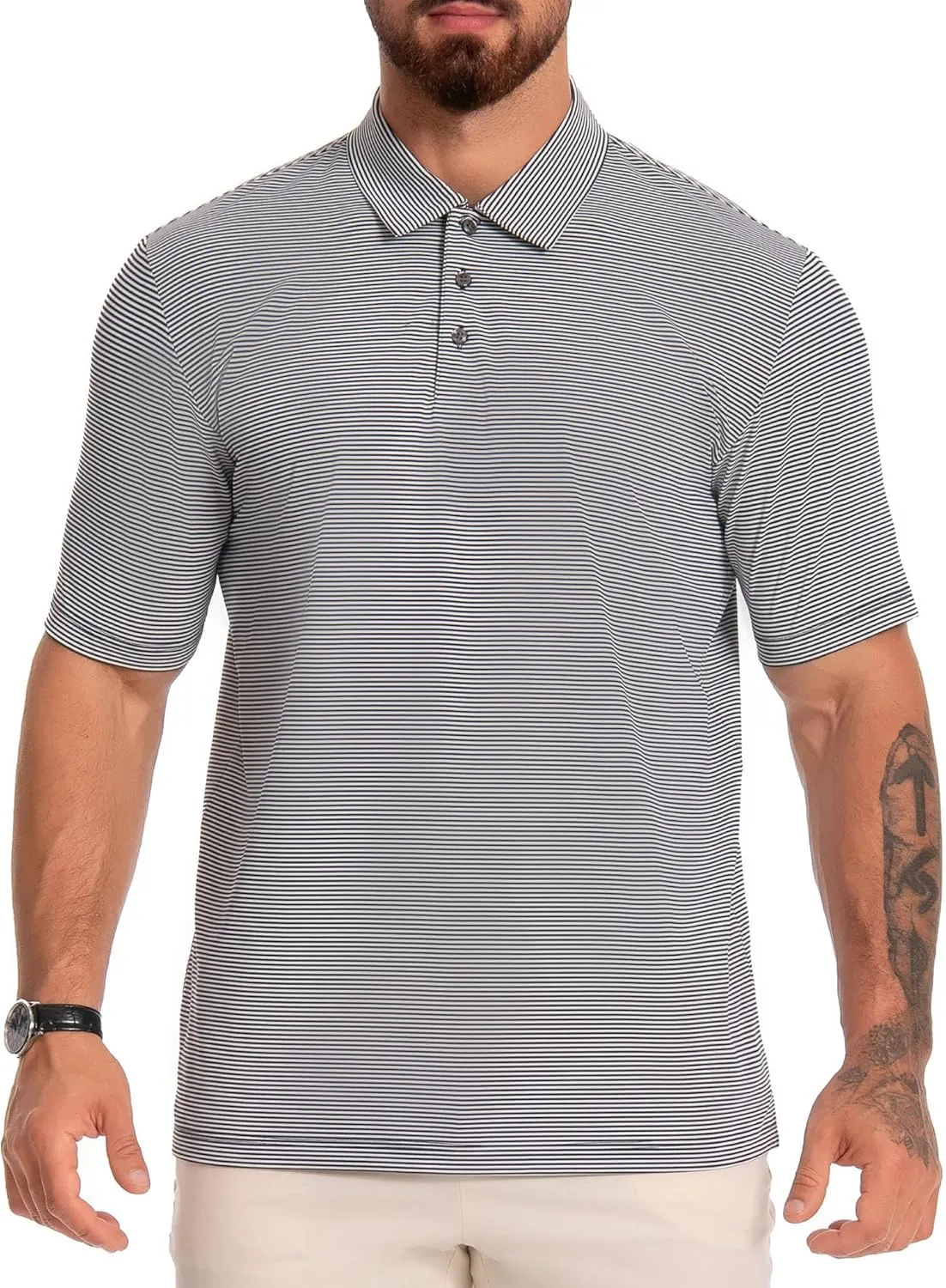 Men's Polo Shirts Short Sleeve Performance Dry Fit Moisture Wicking Pin Striped Golf Shirts for Men