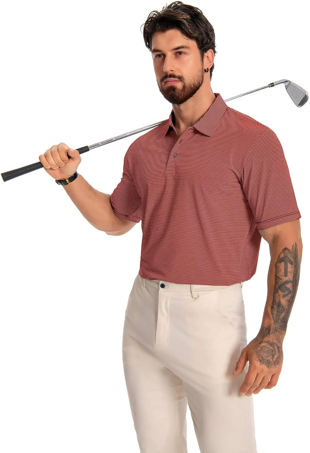 Men's Polo Shirts Short Sleeve Performance Dry Fit Moisture Wicking Pin Striped Golf Shirts for Men