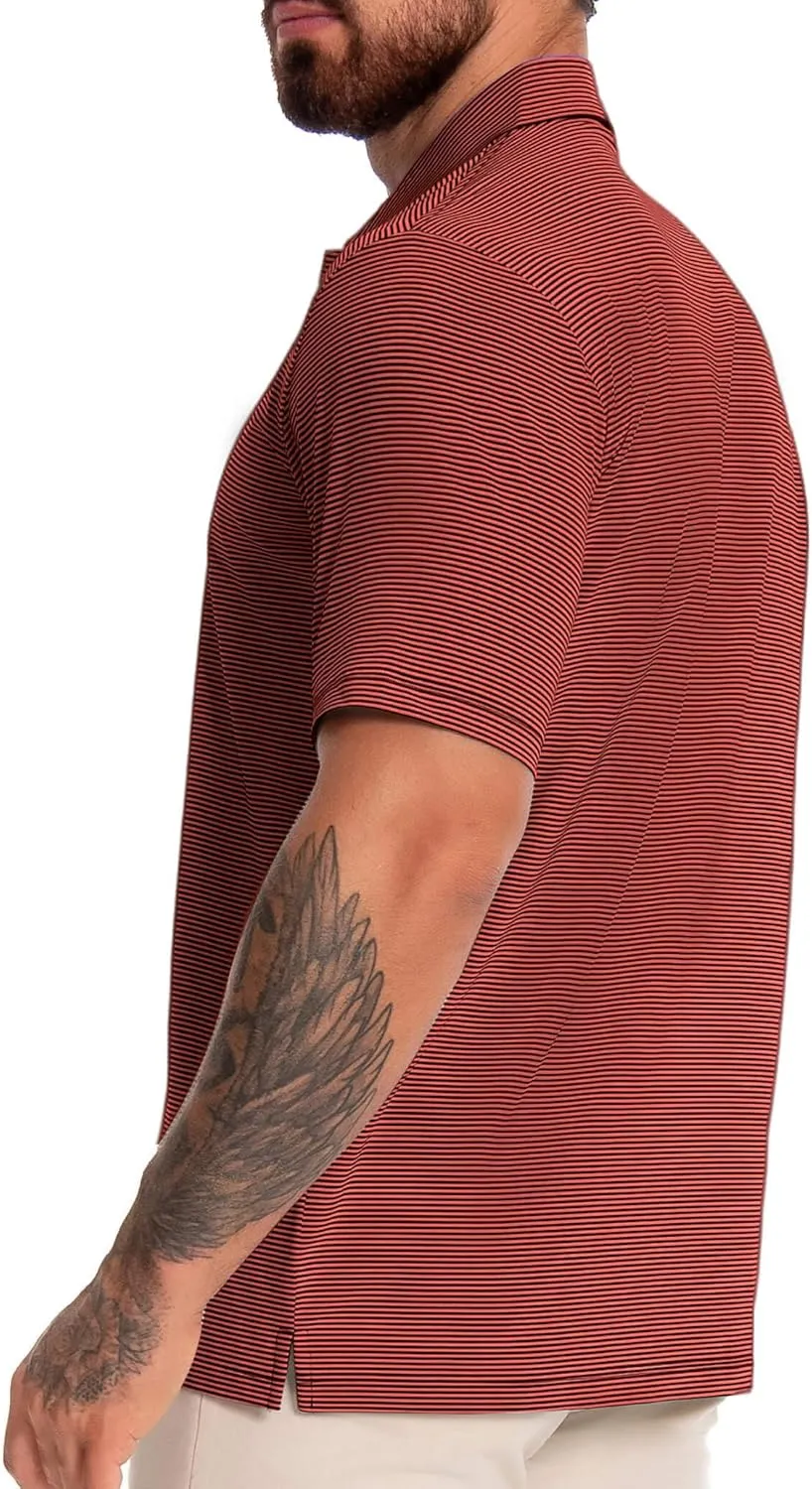 Men's Polo Shirts Short Sleeve Performance Dry Fit Moisture Wicking Pin Striped Golf Shirts for Men
