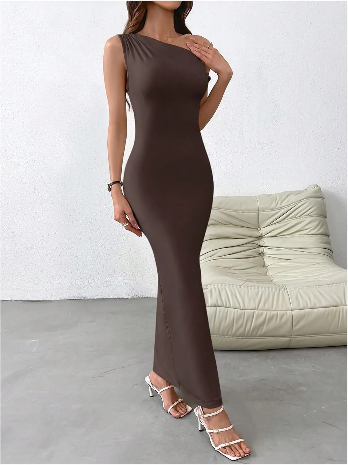 Milumia Women's One Shoulder Twisted Asymmetrical Neck Sleeveless Bodycon Maxi Dresses