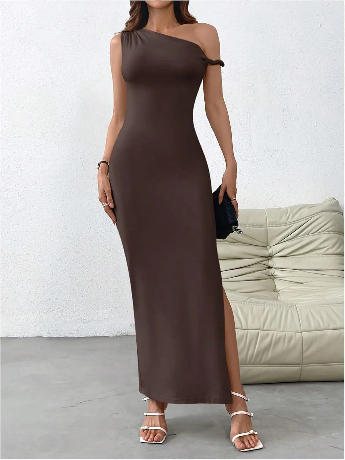 Milumia Women's One Shoulder Twisted Asymmetrical Neck Sleeveless Bodycon Maxi Dresses