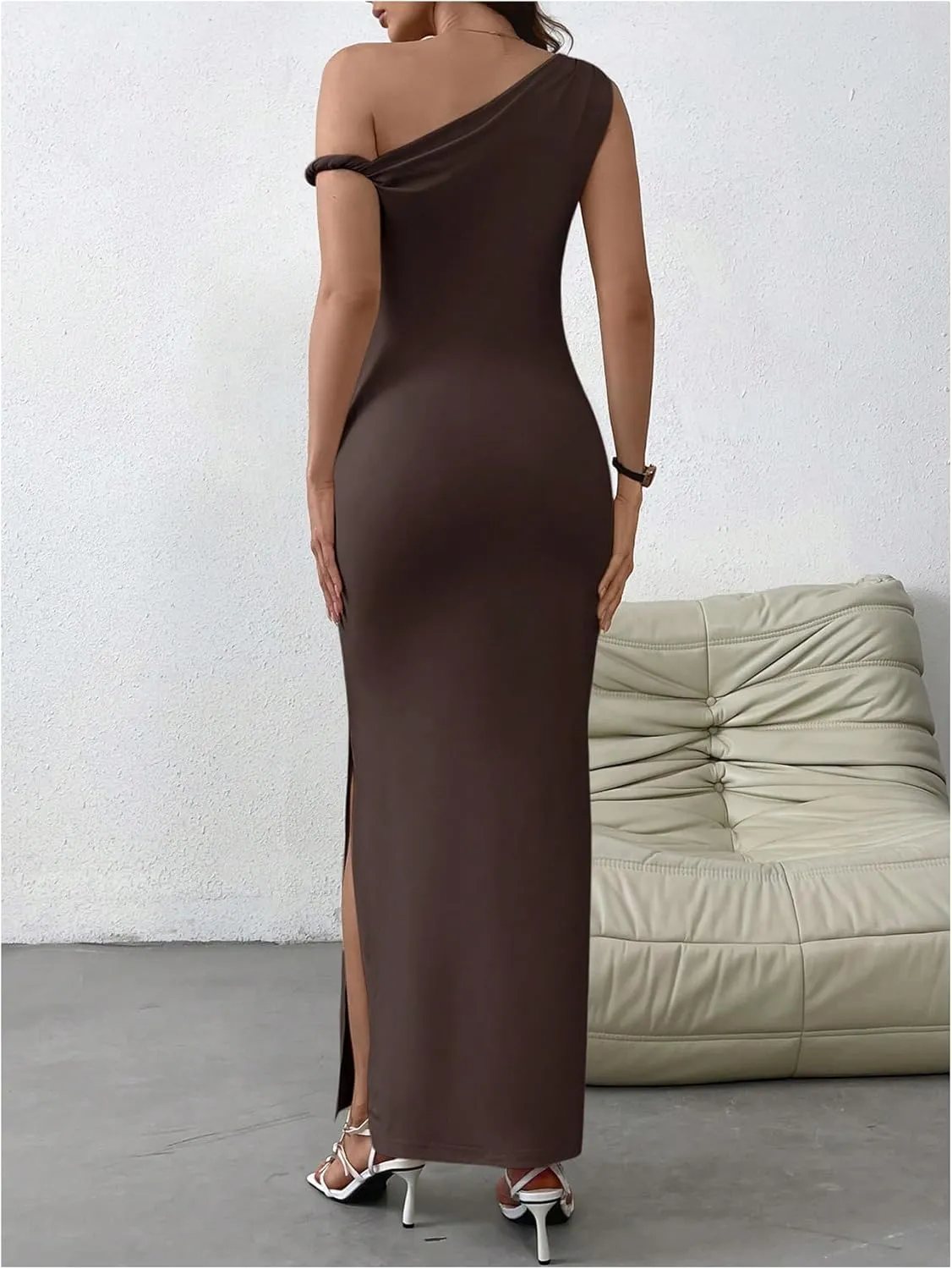 Milumia Women's One Shoulder Twisted Asymmetrical Neck Sleeveless Bodycon Maxi Dresses