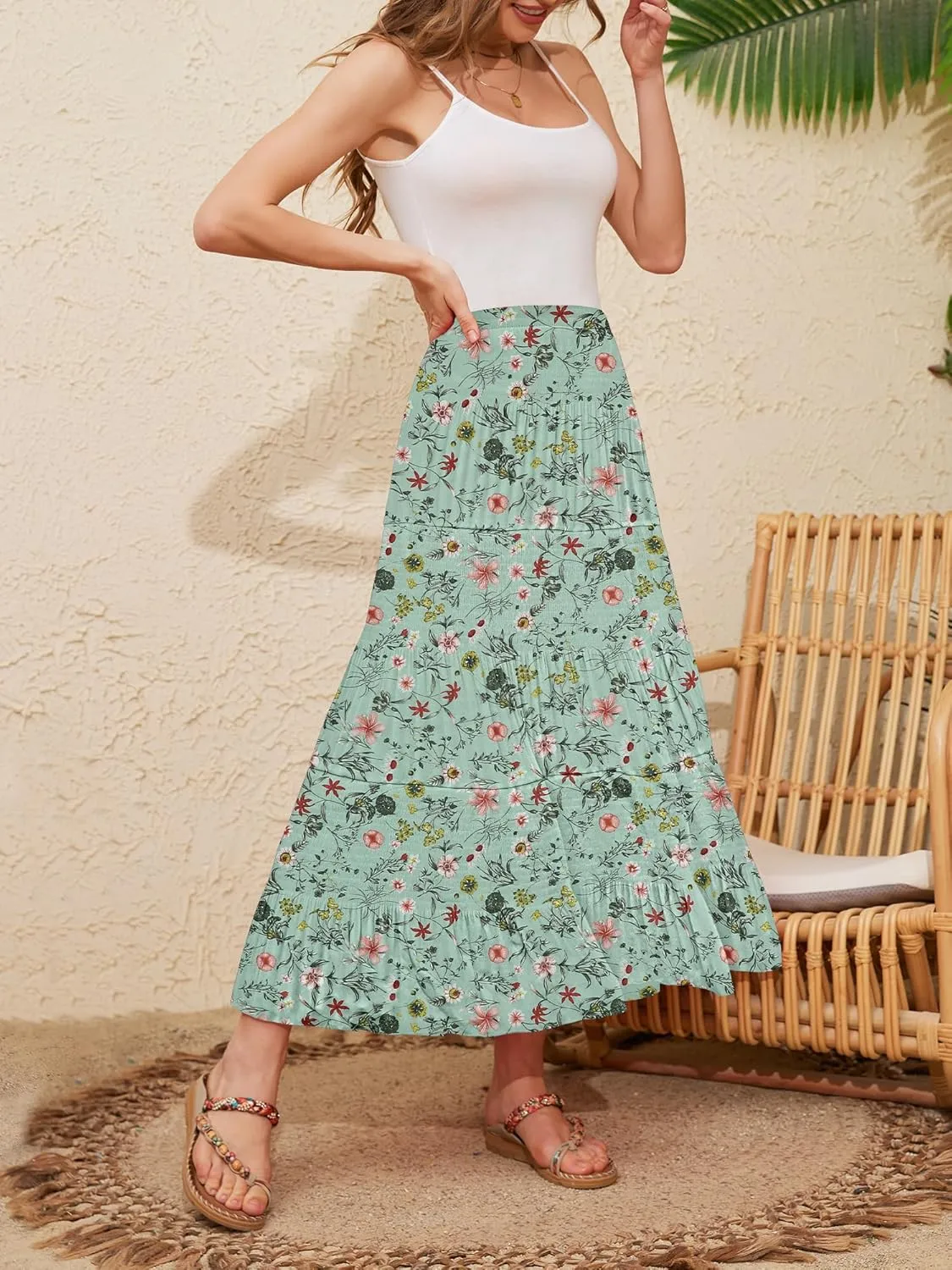 NASHALYLY Women's High Waisted Maxi Skirt,Elastic Chiffon Boho Long Skirt with Pockets