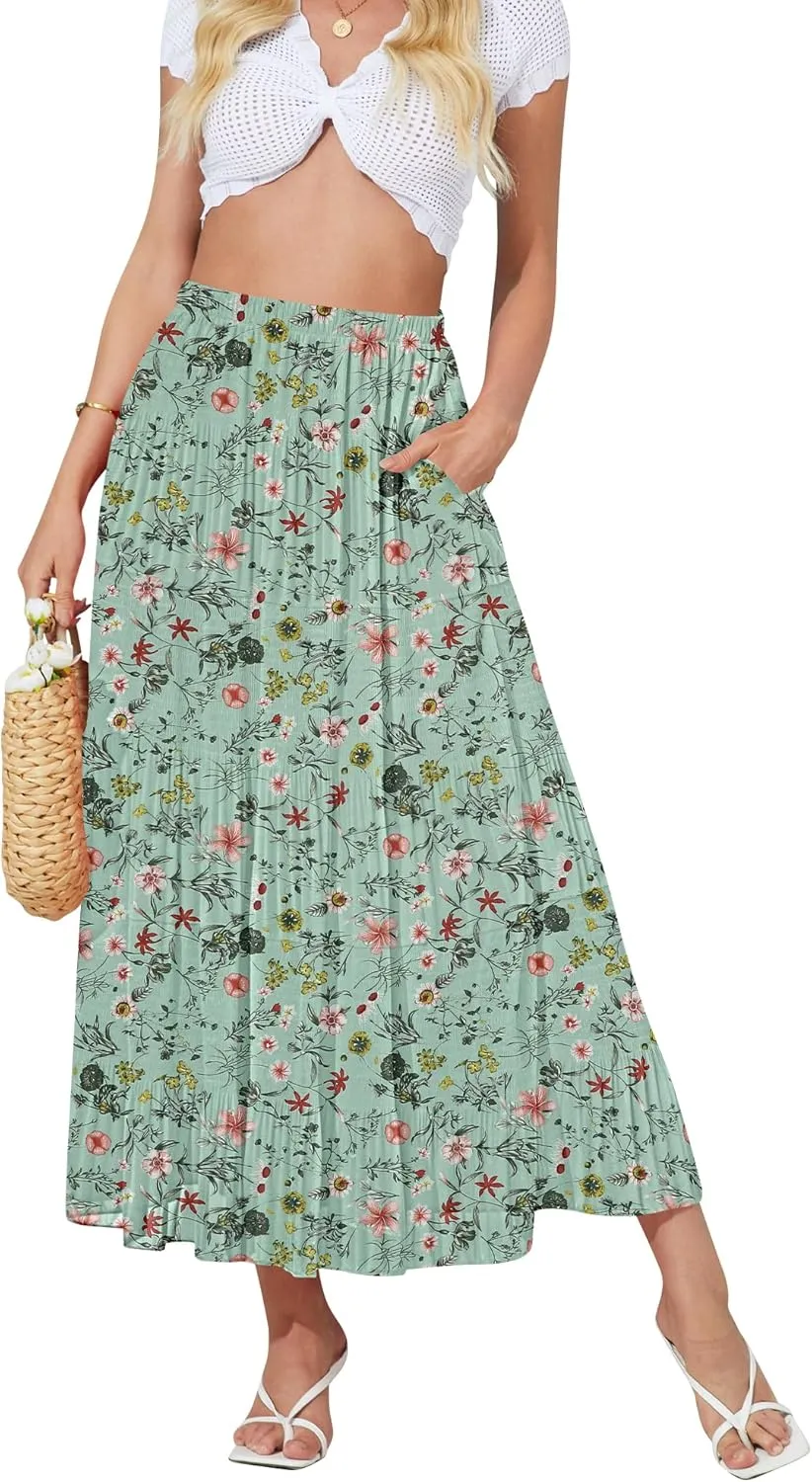 NASHALYLY Women's High Waisted Maxi Skirt,Elastic Chiffon Boho Long Skirt with Pockets