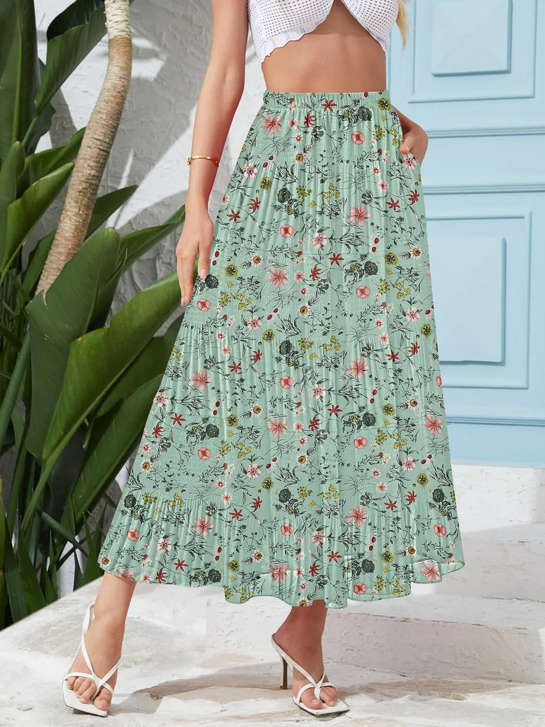 NASHALYLY Women's High Waisted Maxi Skirt,Elastic Chiffon Boho Long Skirt with Pockets