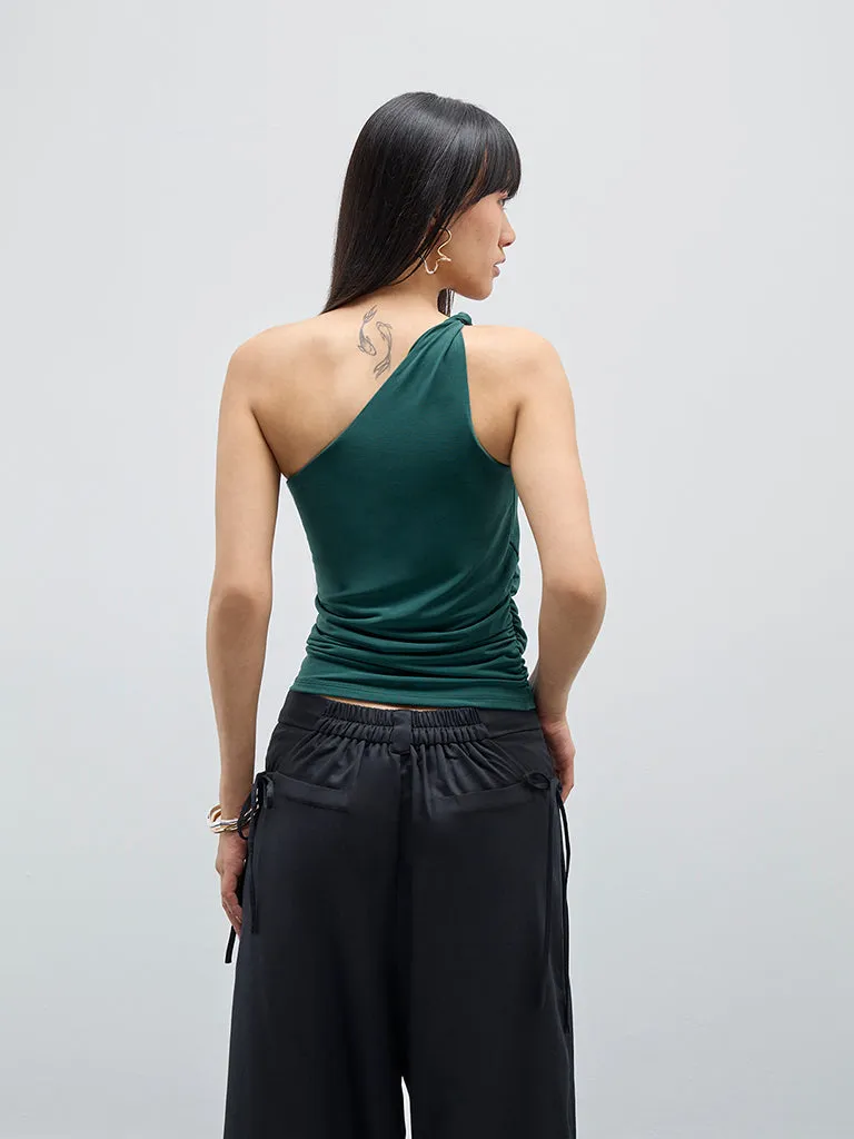 Nuon Teal Ruched One-Shoulder Top