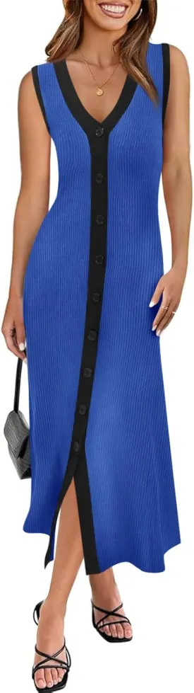 Saodimallsu Womens Summer Button Down Sweater Dresses Sleeveless V Neck Casual Ribbed Knit Color Block Midi Tank Dress