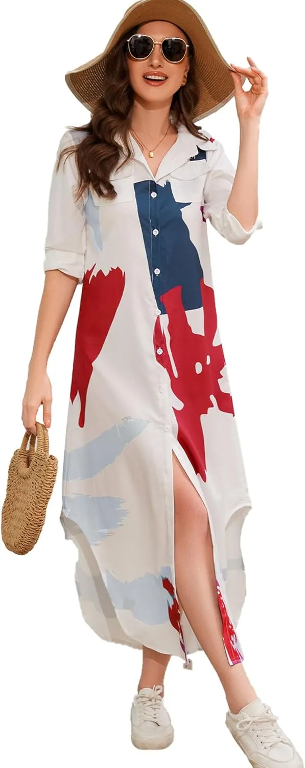 Shirt Long Dress Button Down Up Dress for Women Casual Long Sleeve Maxi Spring Summer Dresses with Sleeve Tab Pocket Collar