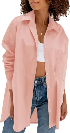 Tankaneo Womens Oversized Button Down Shirts Boyfriend Lapel Neck Loose Fit Long Blouse with Pockets
