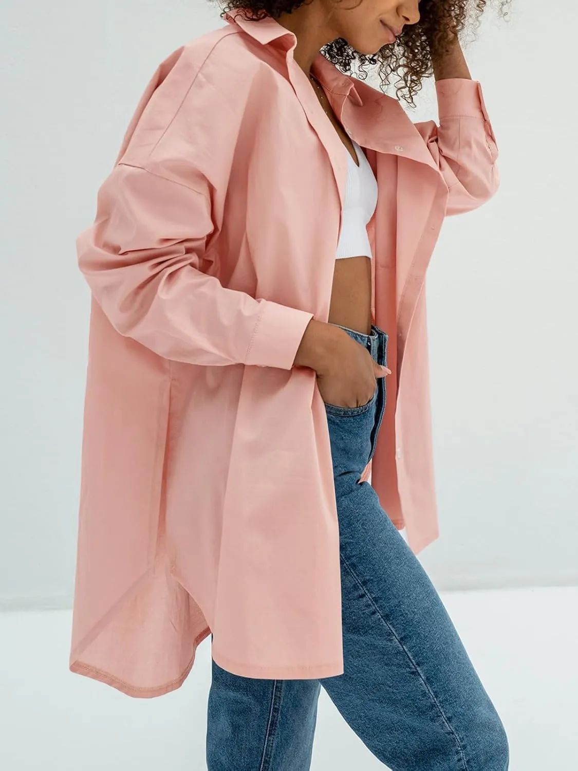 Tankaneo Womens Oversized Button Down Shirts Boyfriend Lapel Neck Loose Fit Long Blouse with Pockets