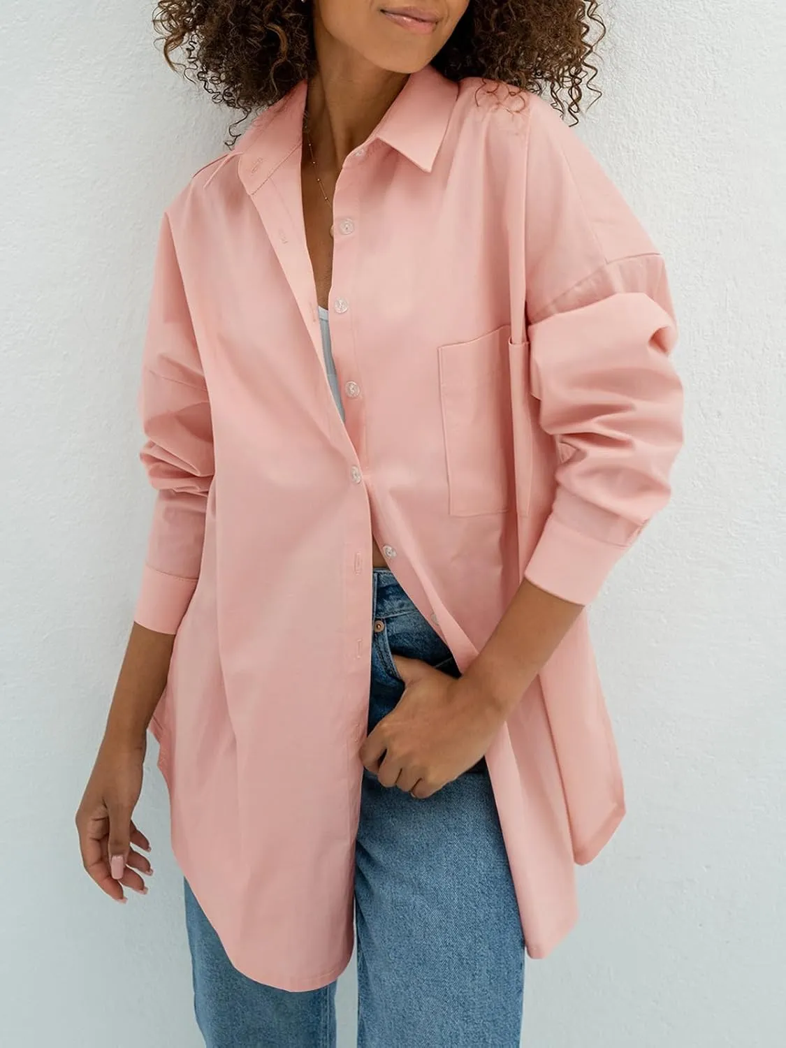 Tankaneo Womens Oversized Button Down Shirts Boyfriend Lapel Neck Loose Fit Long Blouse with Pockets