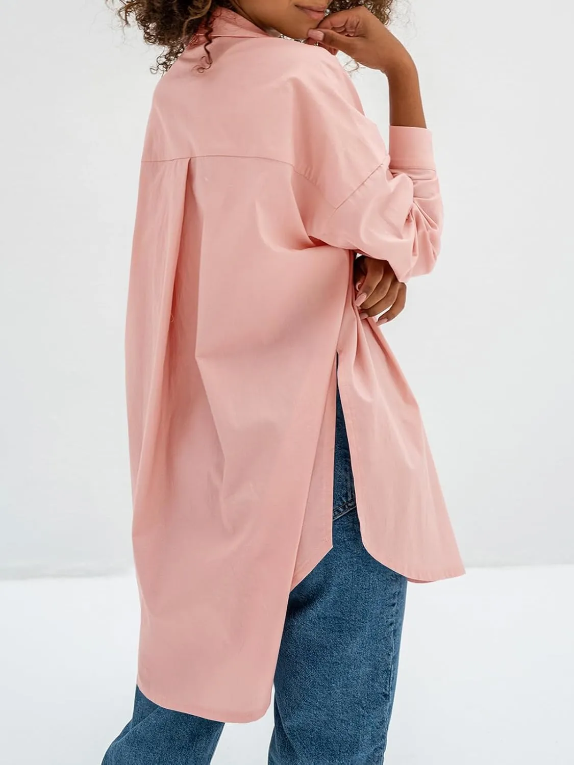 Tankaneo Womens Oversized Button Down Shirts Boyfriend Lapel Neck Loose Fit Long Blouse with Pockets