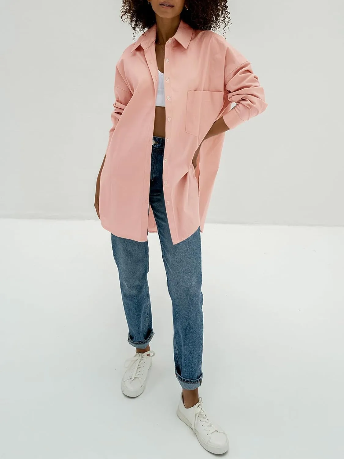 Tankaneo Womens Oversized Button Down Shirts Boyfriend Lapel Neck Loose Fit Long Blouse with Pockets