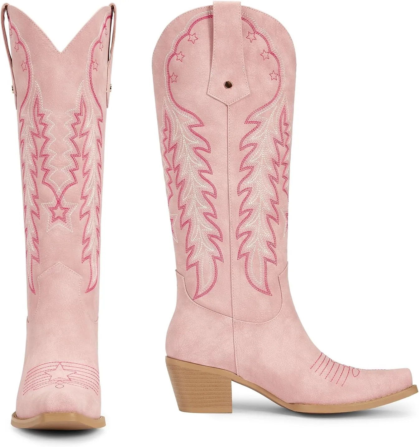 wetkiss Cowboy Boots for Women Knee High Cowgirl Boots Retro Embroidered Chunky Heels Pointed Toe Western Long Tall Boot Pull On