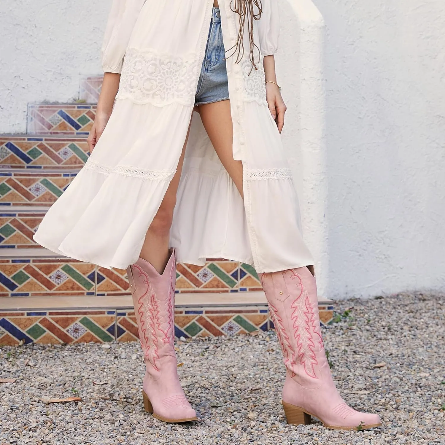 wetkiss Cowboy Boots for Women Knee High Cowgirl Boots Retro Embroidered Chunky Heels Pointed Toe Western Long Tall Boot Pull On