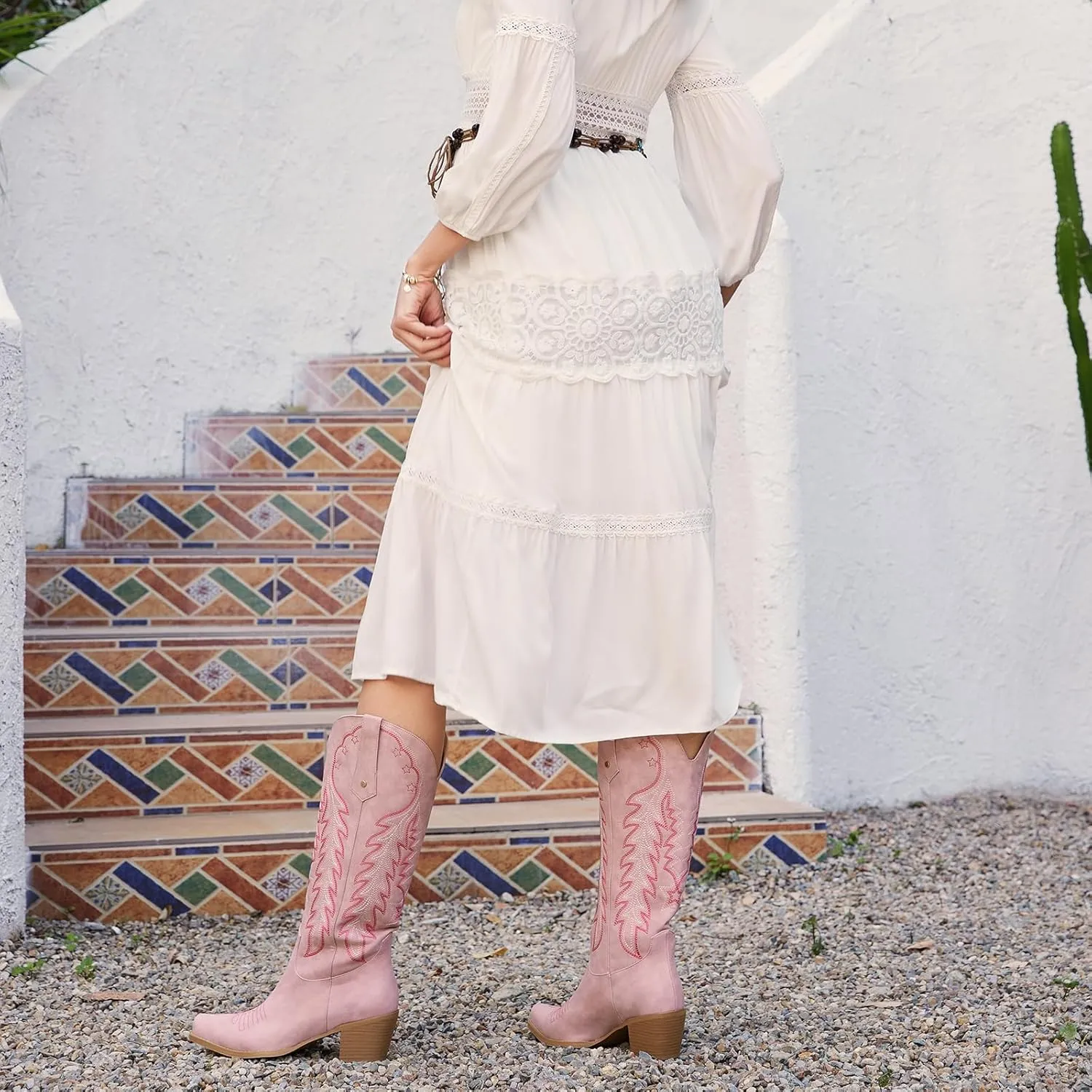 wetkiss Cowboy Boots for Women Knee High Cowgirl Boots Retro Embroidered Chunky Heels Pointed Toe Western Long Tall Boot Pull On