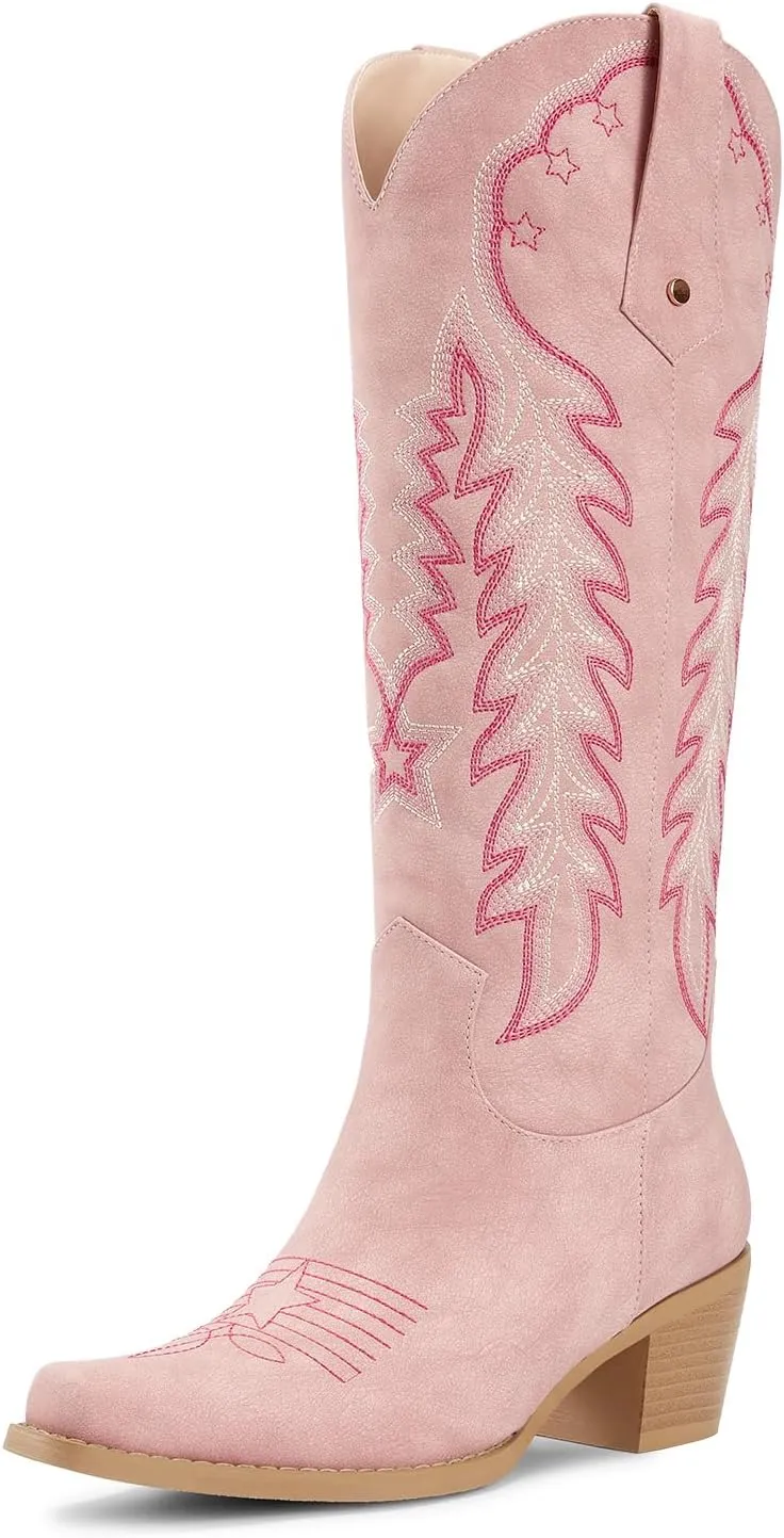 wetkiss Cowboy Boots for Women Knee High Cowgirl Boots Retro Embroidered Chunky Heels Pointed Toe Western Long Tall Boot Pull On