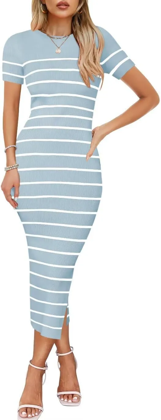 Wkior Women's 2025 Summer Short Sleeve Sweater Dress Side Slit Ribbed Knit Striped Bodycon Slim Fit Midi Dress