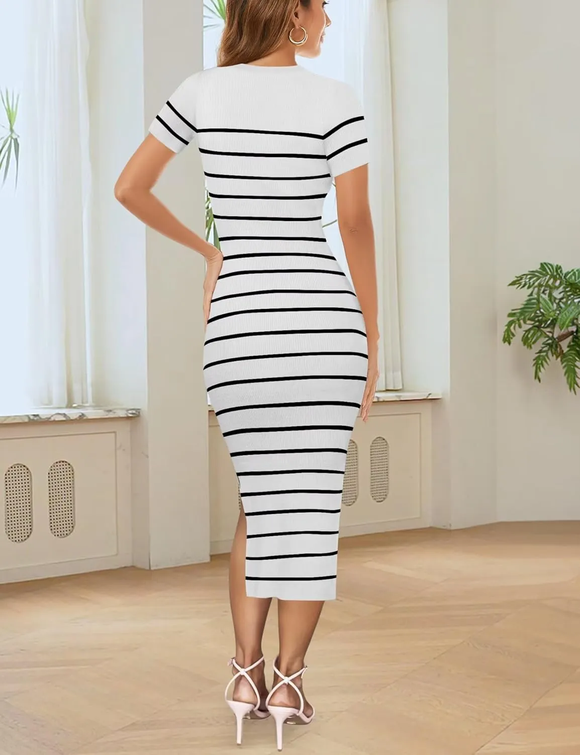Wkior Women's 2025 Summer Short Sleeve Sweater Dress Side Slit Ribbed Knit Striped Bodycon Slim Fit Midi Dress