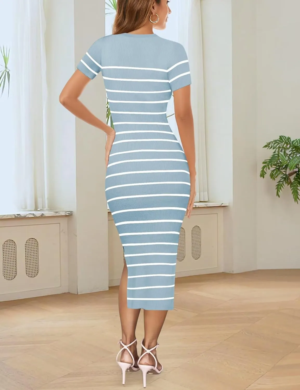 Wkior Women's 2025 Summer Short Sleeve Sweater Dress Side Slit Ribbed Knit Striped Bodycon Slim Fit Midi Dress