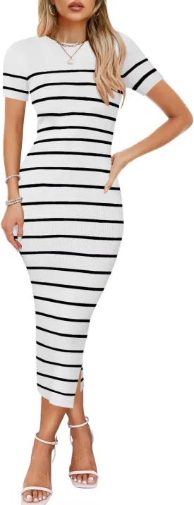 Wkior Women's 2025 Summer Short Sleeve Sweater Dress Side Slit Ribbed Knit Striped Bodycon Slim Fit Midi Dress