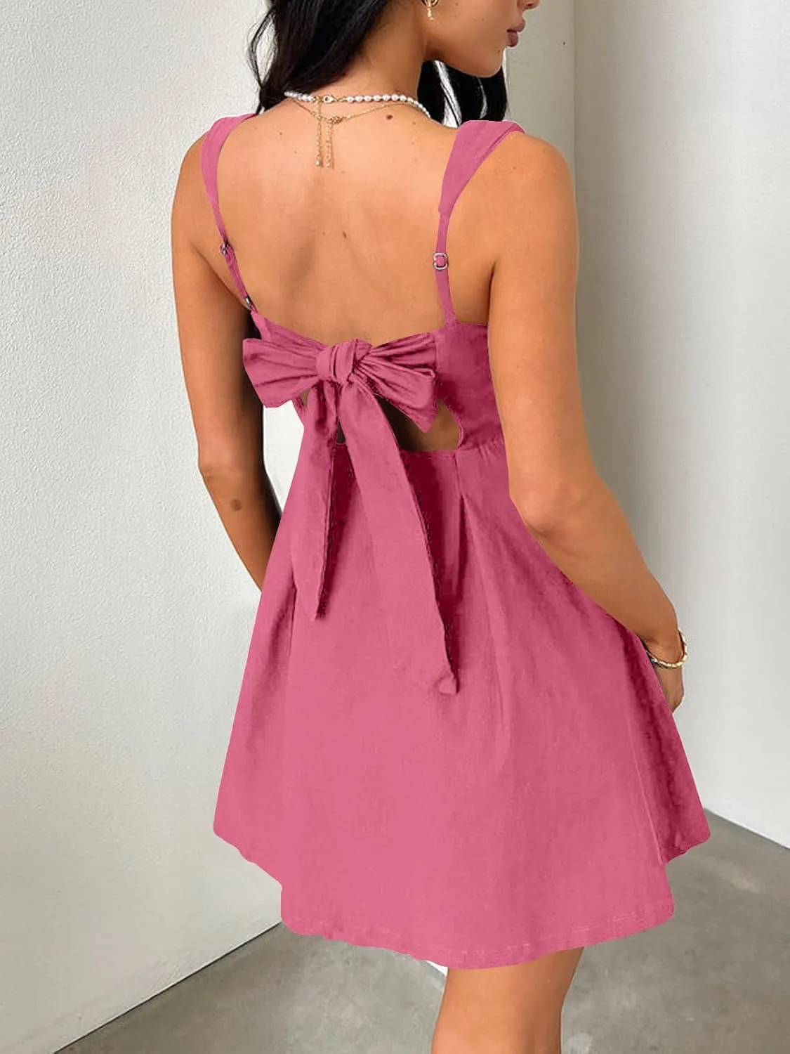 Womens 2025 Summer Square Neck Dress Bow A-line Backless Mini Party Short Sleeveless Dress