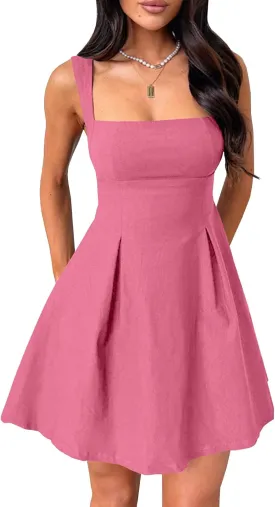 Womens 2025 Summer Square Neck Dress Bow A-line Backless Mini Party Short Sleeveless Dress
