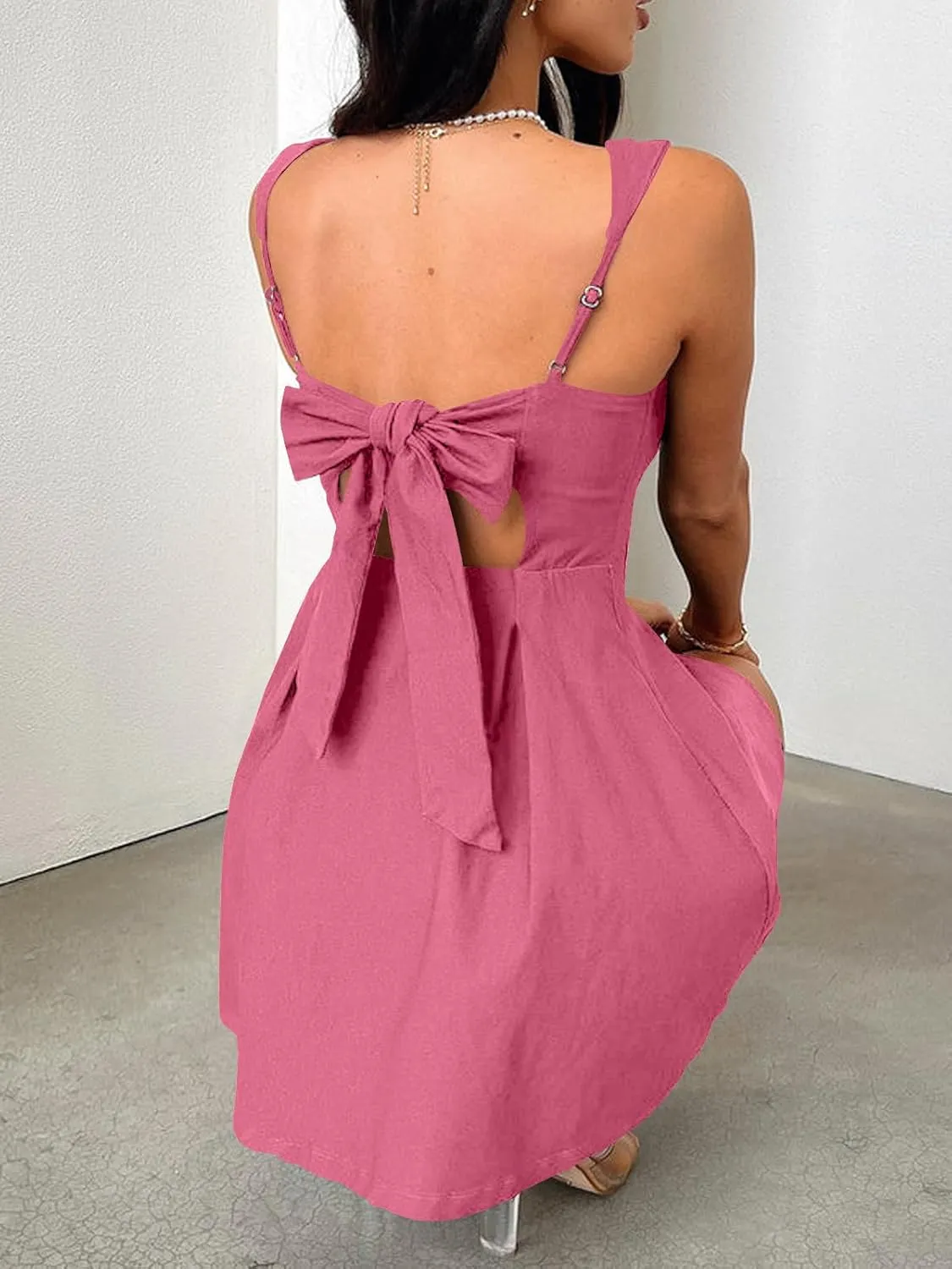 Womens 2025 Summer Square Neck Dress Bow A-line Backless Mini Party Short Sleeveless Dress