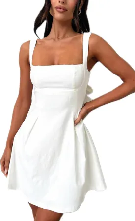 Womens 2025 Summer Square Neck Dress Bow A-line Backless Mini Party Short Sleeveless Dress